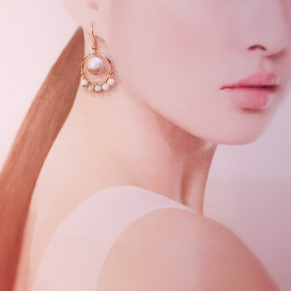 {C O T T O N}棉珍珠系列：天然白紋石耳飾 第4張的照片
