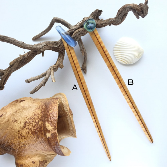ガラスと木のかんざし　カーリーメイプル 1枚目の画像