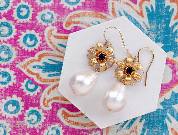 復古花朵和棉質珍珠耳環*金色*（耳環支持） 第1張的照片