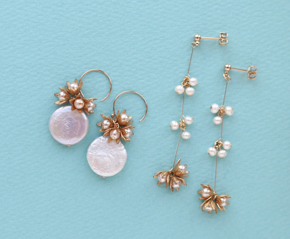 黃銅花束和淡水珍珠三重耳環（耳環） 第5張的照片