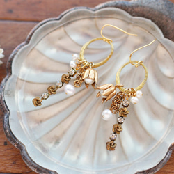 復古施華洛世奇，淡水珍珠，黃銅花耳環（與耳環兼容）*鍍金 第2張的照片