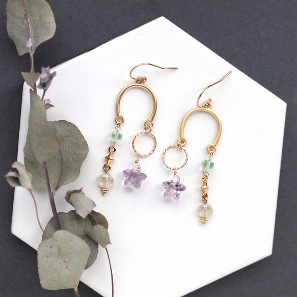紫水晶星和復古珠子平衡穿孔/耳環*填充金色 第3張的照片