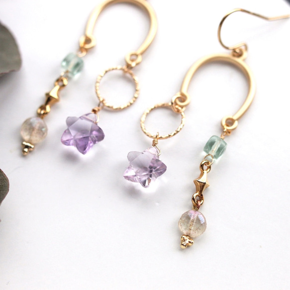 紫水晶星和復古珠子平衡穿孔/耳環*填充金色 第6張的照片