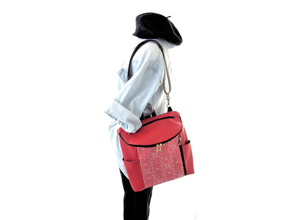 [服裝圖片]超輕約350g Kinran 3WAY背包採用Hanatate Red 第8張的照片
