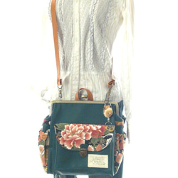 ３WAY背中ポケット＆左ファスナー付き撫子リュック　フルセット　Japanese pattern　深緑×牡丹 5枚目の画像