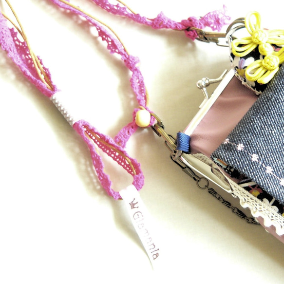復古花卉設計☆一面清晰☆女性的樂趣~Gamaguchi智能手機袋全套☆粉紅色 第2張的照片