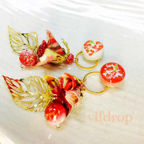 友禅紙 【桃黄赤系】桜花傘と苺柄タイルの和ピアス イヤリング ピアス 