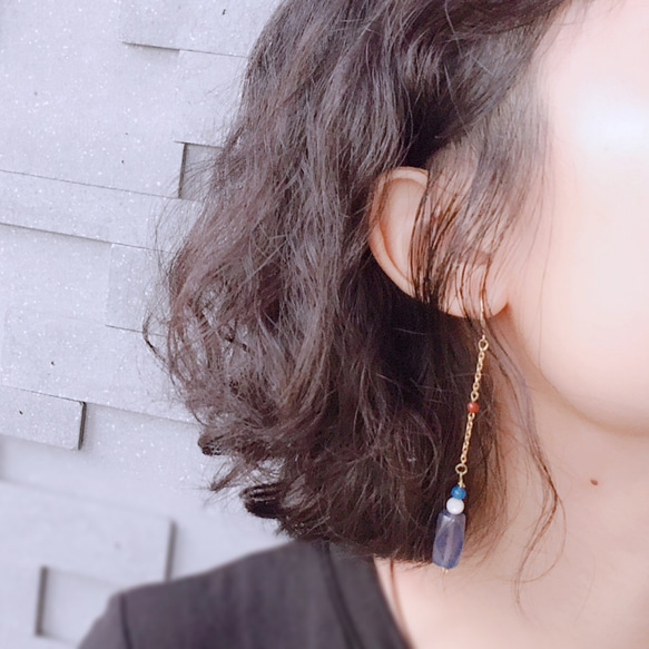 Elegant blue gemstone long drop earrings｜Clip-on 1枚目の画像