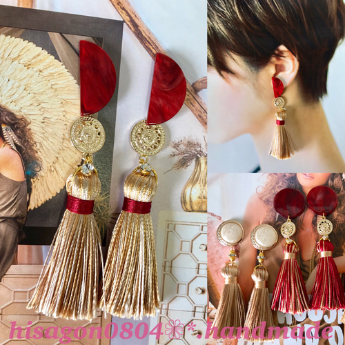 1257】エレガントな赤いタッセルピアス／ボルドー 1257】エレガントな