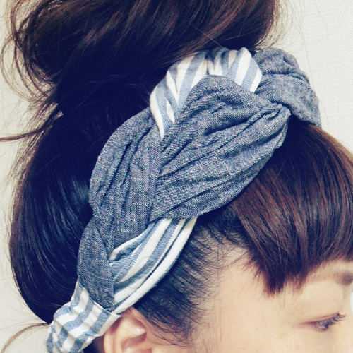 kumaさまオーダー品】三つ編みヘアバンド チェック×ダンガリー 