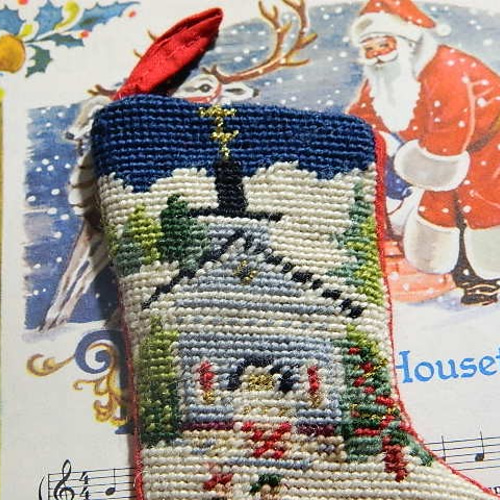 フランスヴィンテージのニードルポイントのクリスマスソックス その他