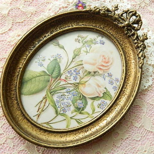 フランス　アンティーク　フォトフレーム　フラワーカード付き リボンと忘れな草のヴィンテージゴールドフォトフレーム 額縁 薔薇