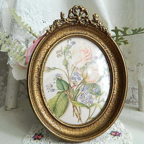 リボンと忘れな草のヴィンテージゴールドフォトフレーム 額縁 薔薇