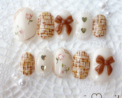 ♡ブラウンツイードネイル♡ ネイルチップ　ハンドメイド ブラウン ツイードネイル ＊ ネイルチップ ネイルチップ（つけ爪