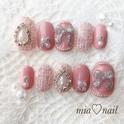 【オーダー】ネイルチップ　ツイードチェック　ピンクキラキラリボンフレンチラメグラ 0_9dd6a65af196e4da4c7c5ce53f02