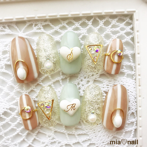 ネイルチップオーダー mia様 大人可愛いボーダー秋ネイル ネイルチップ（つけ爪） mia♡nail