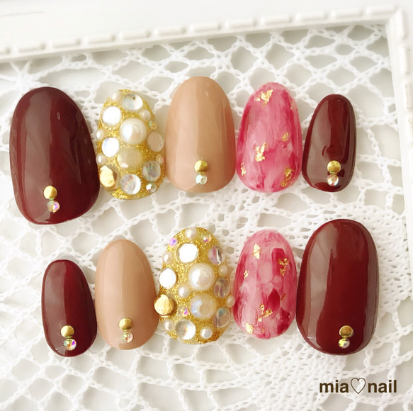ワインレッド秋カラーネイル ネイルチップ（つけ爪） mia♡nail