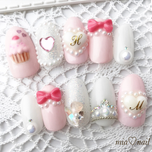 ネイルチップ 量産型 地雷 サブカル ブルー ホワイト 猫 リボン ハート  