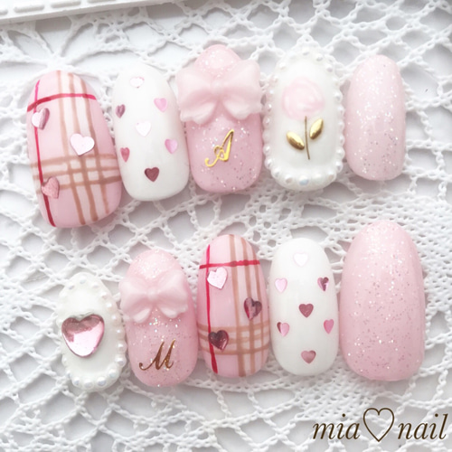 ゆめかわいい〜チェック&リボンのふんわりネイル ネイルチップ