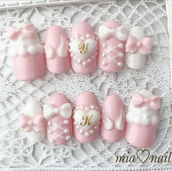 ゆめかわいい〜ハートリボンのゆめかわネイル ネイルチップ（つけ爪