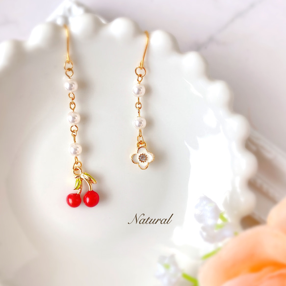 櫻桃、珍珠和花朵耳環 第4張的照片