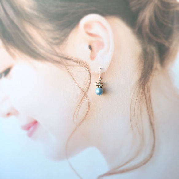 簡單可愛的耳環，配以淡藍色珍珠和銀絲帶〜明星系列♡水星〜 第4張的照片
