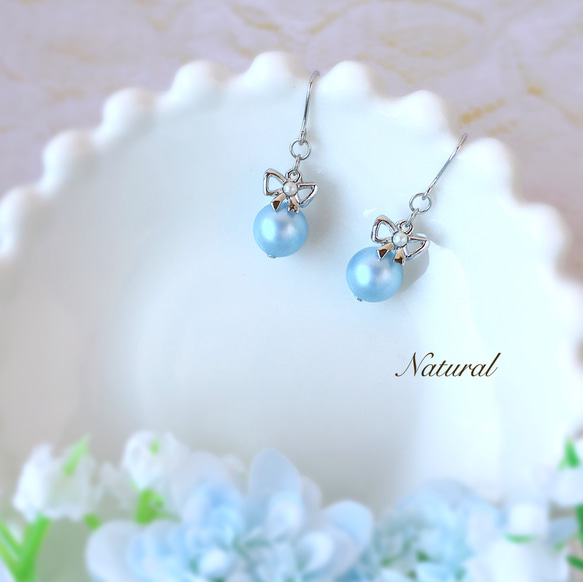 簡單可愛的耳環配淺藍色珍珠和銀絲帶~明星系列♡水星~ 第1張的照片