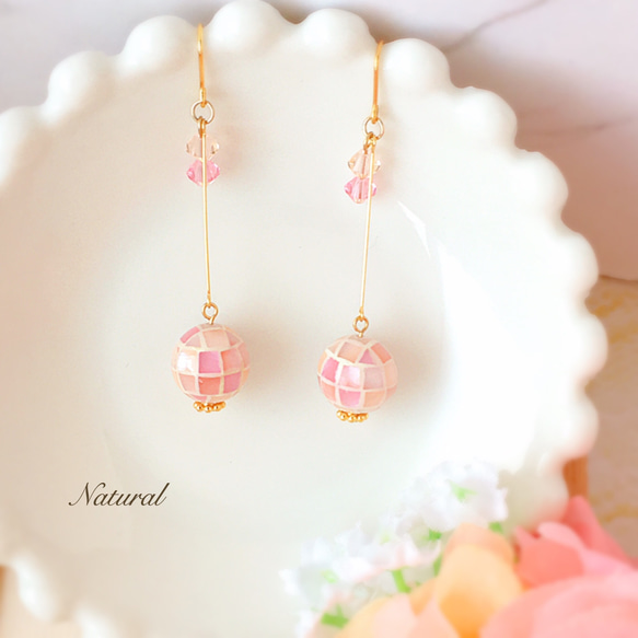 鑲嵌貝殼和施華洛世奇搖擺耳環❃︎Hannari Pink 第3張的照片