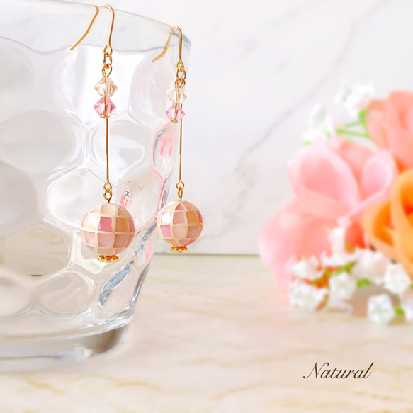 鑲嵌貝殼和施華洛世奇搖擺耳環❃︎Hannari Pink 第4張的照片