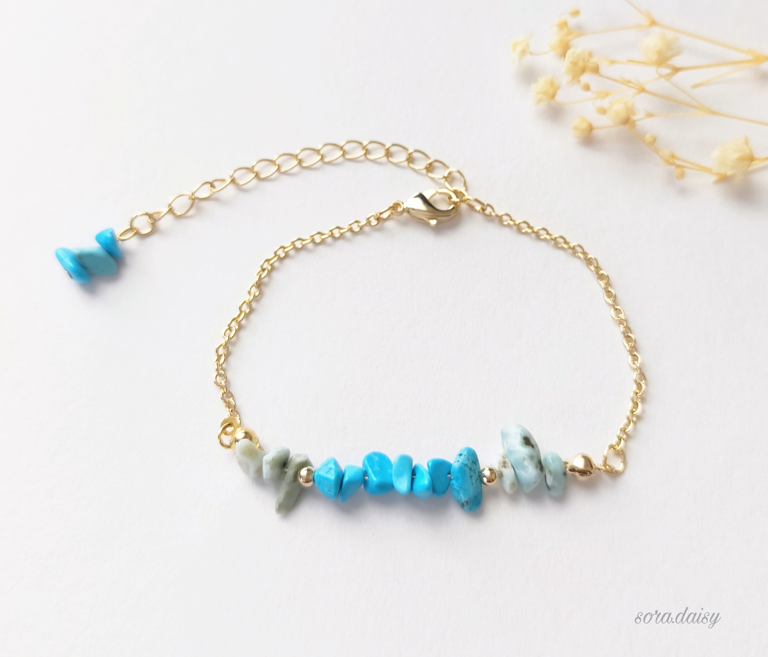 練りターコイズ・ラリマーの華奢なチェーンブレスレット 天然石 さざれ