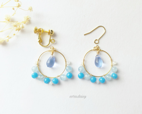アクアマリン・ヴィンテージビーズのフープピアス(イヤリング) *3月