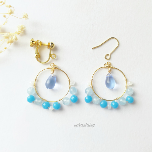 アクアマリン・ヴィンテージビーズのフープピアス(イヤリング) *3月  