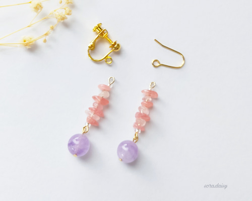 ラベンダーアメジスト・インカローズ・ローズクォーツの天然石ピアス 