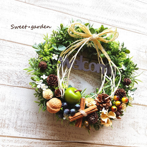 爽やかなグリーンアップルと木の実のウェルカムリース（fw170-2