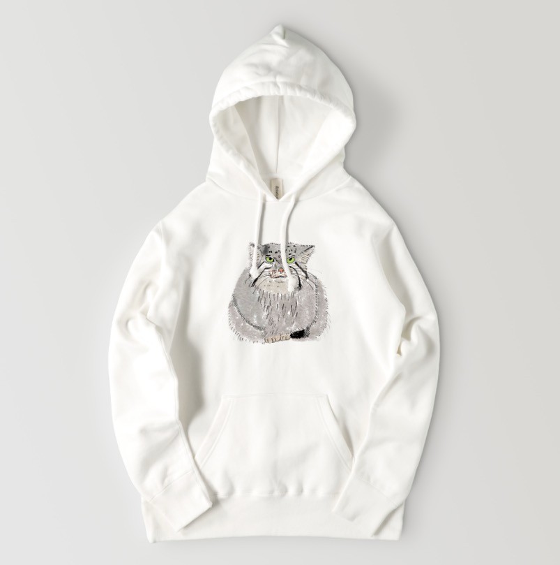 マヌルネコ　野生猫 ネコ科 イラスト メンズ レディース 野生動物　フーディー  ワイルドキャット　パーカー　裏起毛
