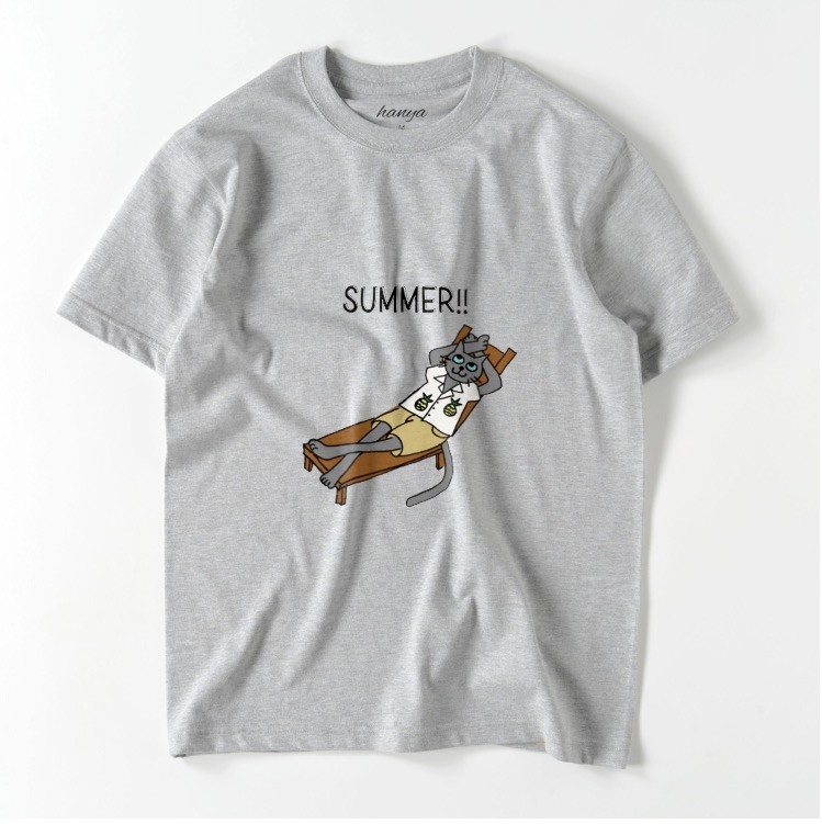 Tシャツ　サマーキャット　猫　イラストゆるかわ　ロシアンブルー　グレー猫　　メンズ