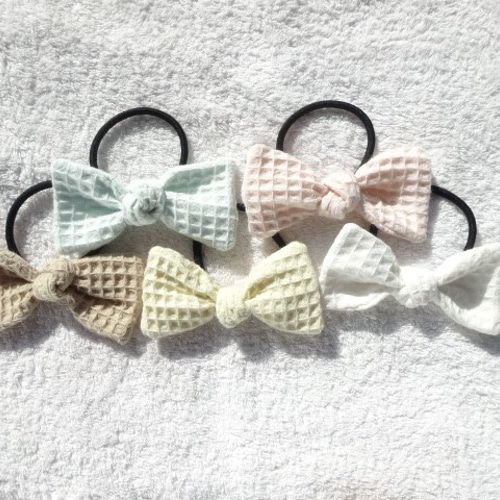 2WAY ワッフル生地のギュッとしたリボンのヘアゴム or バレッタ