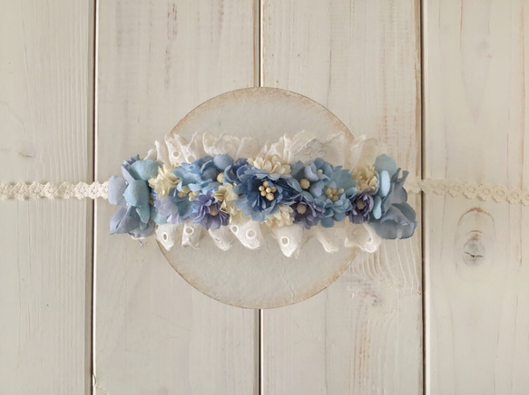 ドール用レースと染め花のヘッドドレス（M・ライトブルー） 2枚目の画像