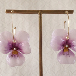 染め花を樹脂加工したビオラのフープピアス(M・薄紫&赤紫) 1枚目の画像