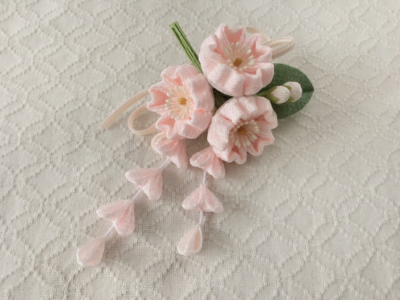 〈つまみ細工〉藤下がり付き桜三輪とベルベットリボンの髪飾り(淡桜) 1枚目の画像