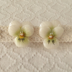 染め花を樹脂加工したビオライヤリング( S・白&緑) 1枚目の画像