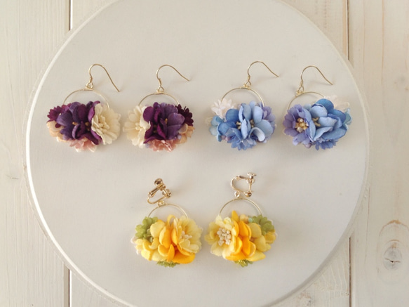 染め花のフープイヤリング(M・イエロー&グリーン） 4枚目の画像