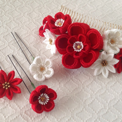〈つまみ細工〉花のUピン付き梅と小菊のコーム(大・赤と白) 1枚目の画像