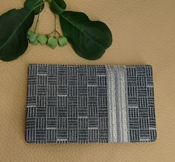 絹織物西陣織名刺・カード入れ グレー地　縦線銀糸　中地ブルー 3枚目の画像