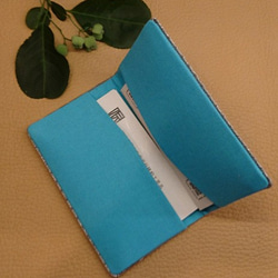 絹織物西陣織名刺・カード入れ グレー地に銀糸水玉　中地ブルー 4枚目の画像