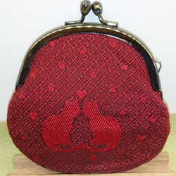 絹織物西陣織　2.6寸　ネコ一匹ハート金　表赤　裏赤 3枚目の画像
