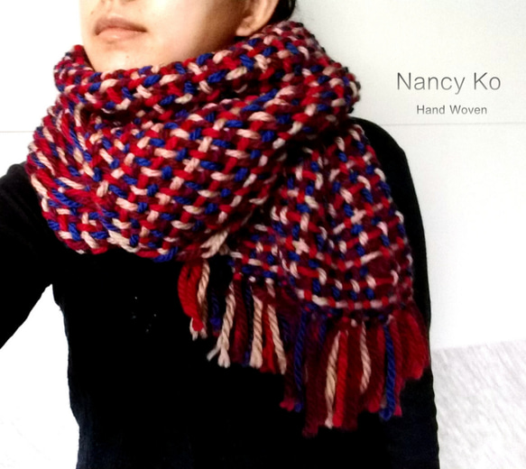 ナンシーコ〜手織り粗いラインであることの意味、ツイルワイドスカーフを織る、ショール,,ラグ-A296 1枚目の画像