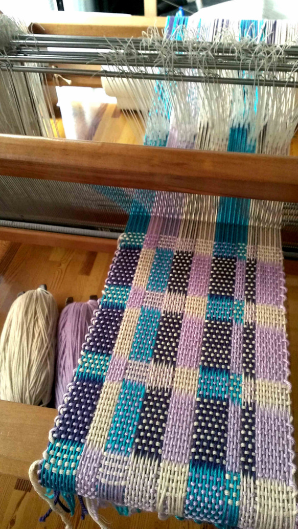 Nancy Ko手工梭織~雙層厚織藍紫色系格紋羊毛圍巾-A268 第5張的照片