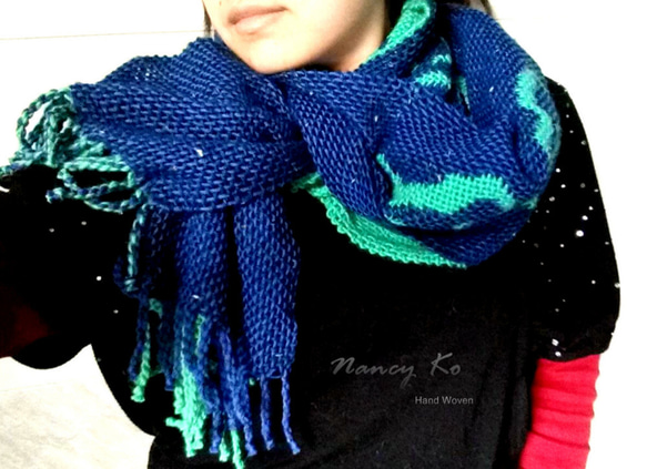 Nancy Ko手工梭織~藍綠色雙層織圍巾,多種圍法,個性無限-A255 第4張的照片