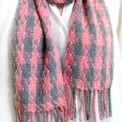 Nancy Ko手工梭織~粉紅銀灰色,千鳥紋窄版圍巾-A236 第2張的照片